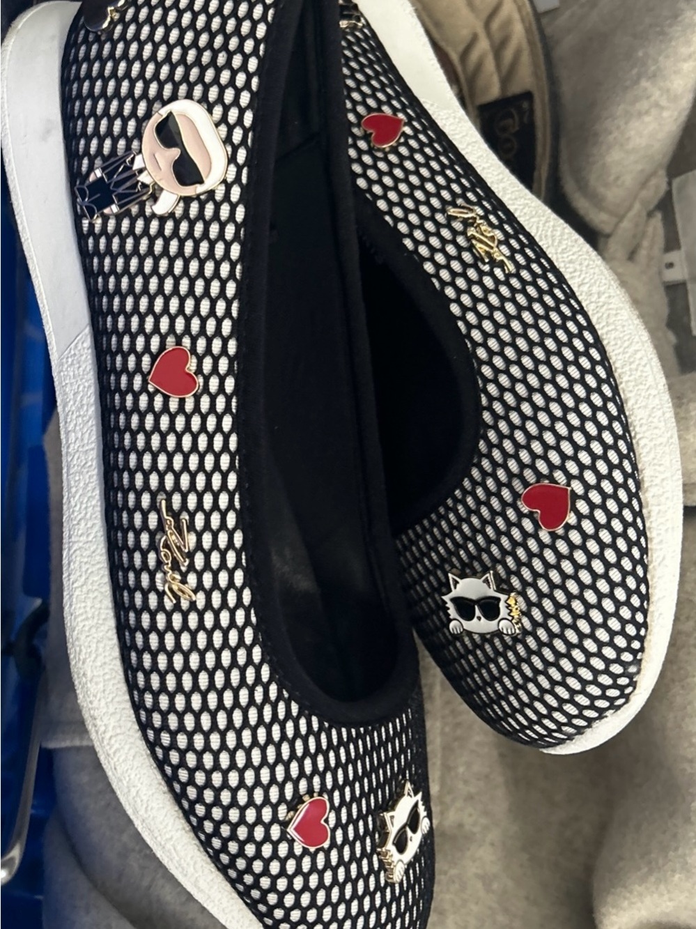 Karl Lagerfeld Black & White Mesh Flats with Red Heart Charms